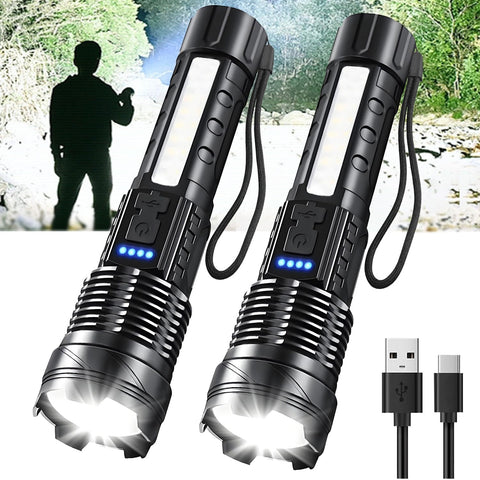 Queena rechargeable LED flashlight front view, compact power for home and outdoor use.