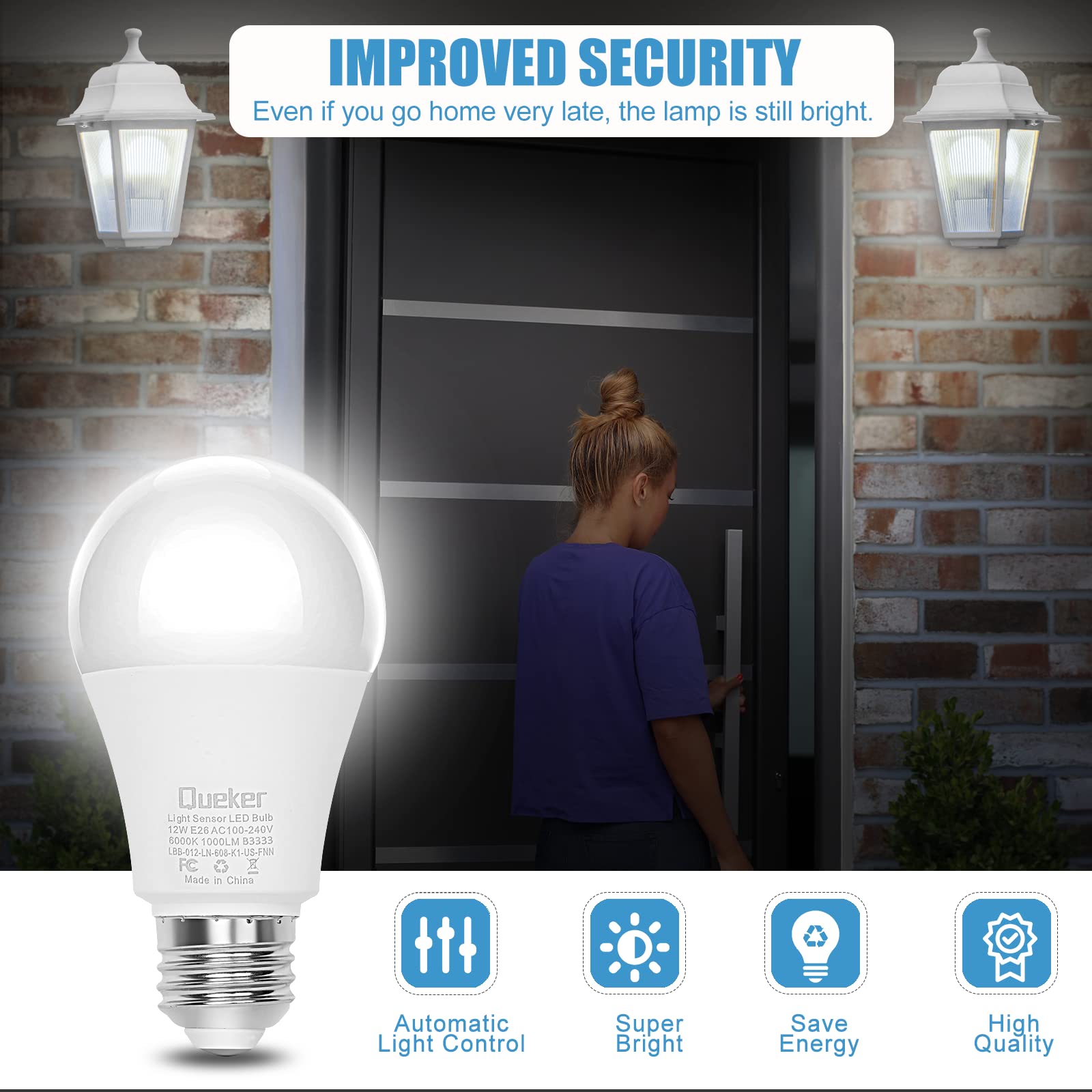 Queker dusk-to-dawn bulb in an enclosed fixture delivering steady night light.