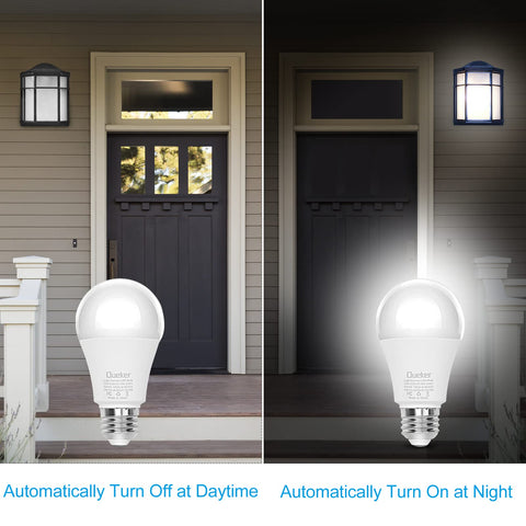Queker dusk-to-dawn bulb in garage providing automatic evening illumination.