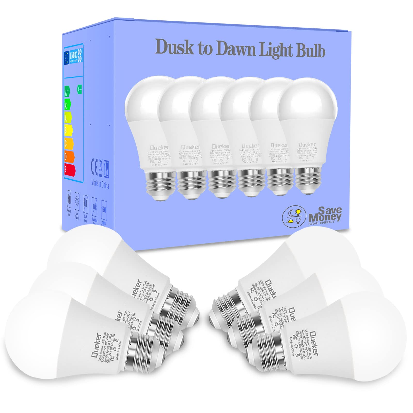 Queker dusk-to-dawn bulb on porch lighting the entry with bright 1000 lumens.