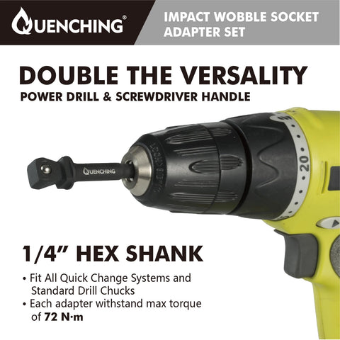 QUENCHING 1-4 hex shank adapter provides secure quick-change compatibility