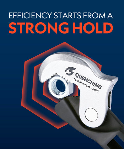 QUENCHING crowfoot wrench set demonstrates spring-loaded jaws in use
