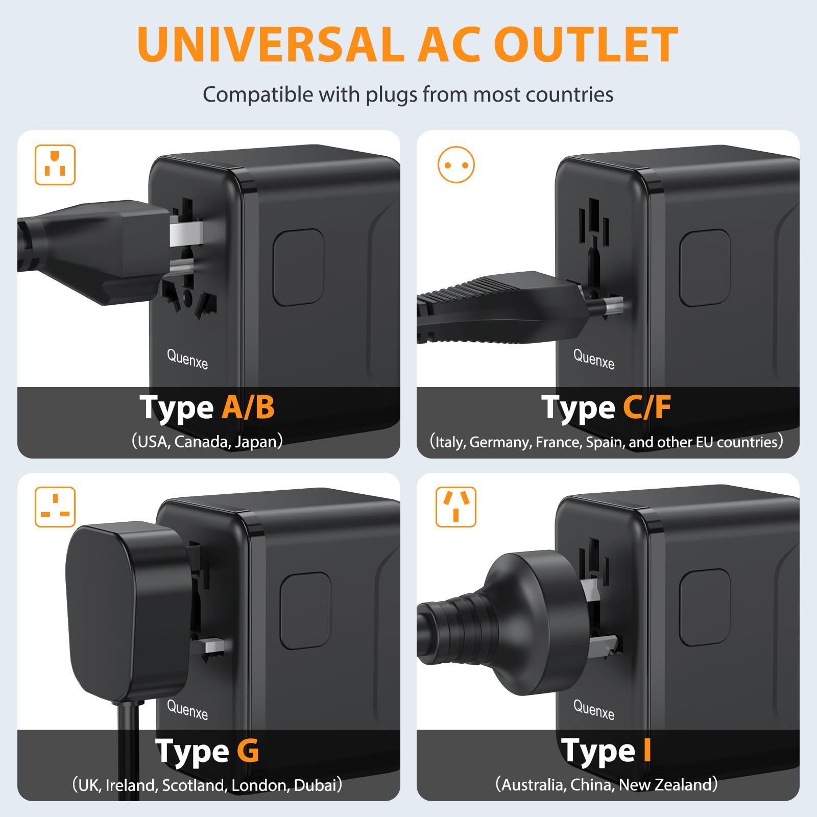 Quenxe country coverage map highlights global plug compatibility