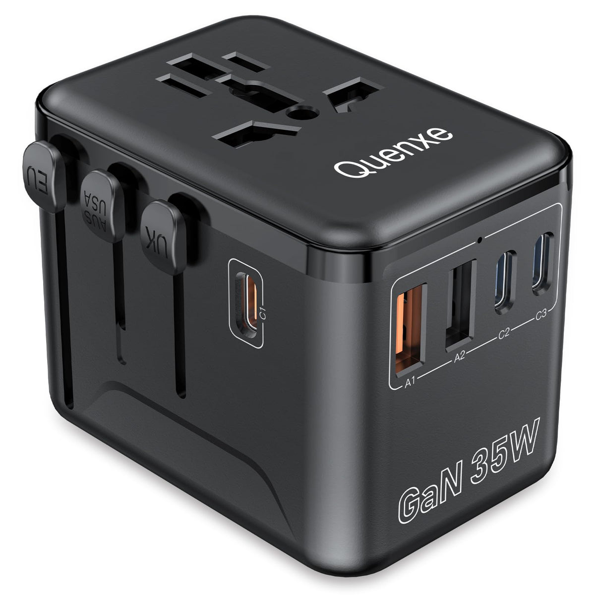 Quenxe travel adapter front view with built-in plugs for global travel