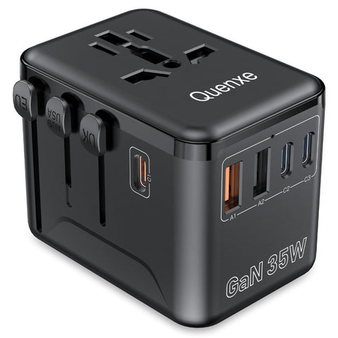 Quenxe travel adapter front view with built-in plugs for global travel