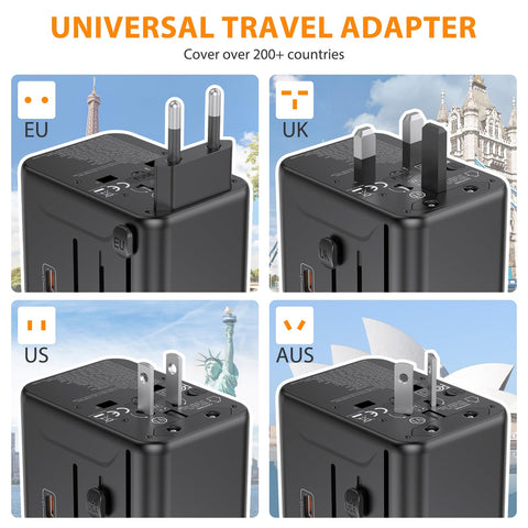 Quenxe adapter ports show 3 USB-C and 2 USB-A for multi-device charging