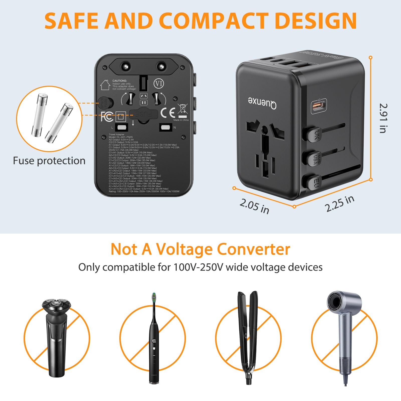 Quenxe safety features include fuse and shutters for secure charging