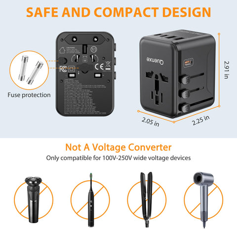 Quenxe safety features include fuse and shutters for secure charging