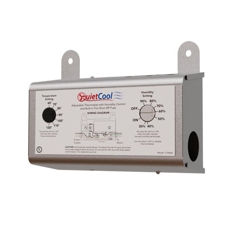 Quietcool attic humidistat settings illustrate humidity management with ON or OFF options.