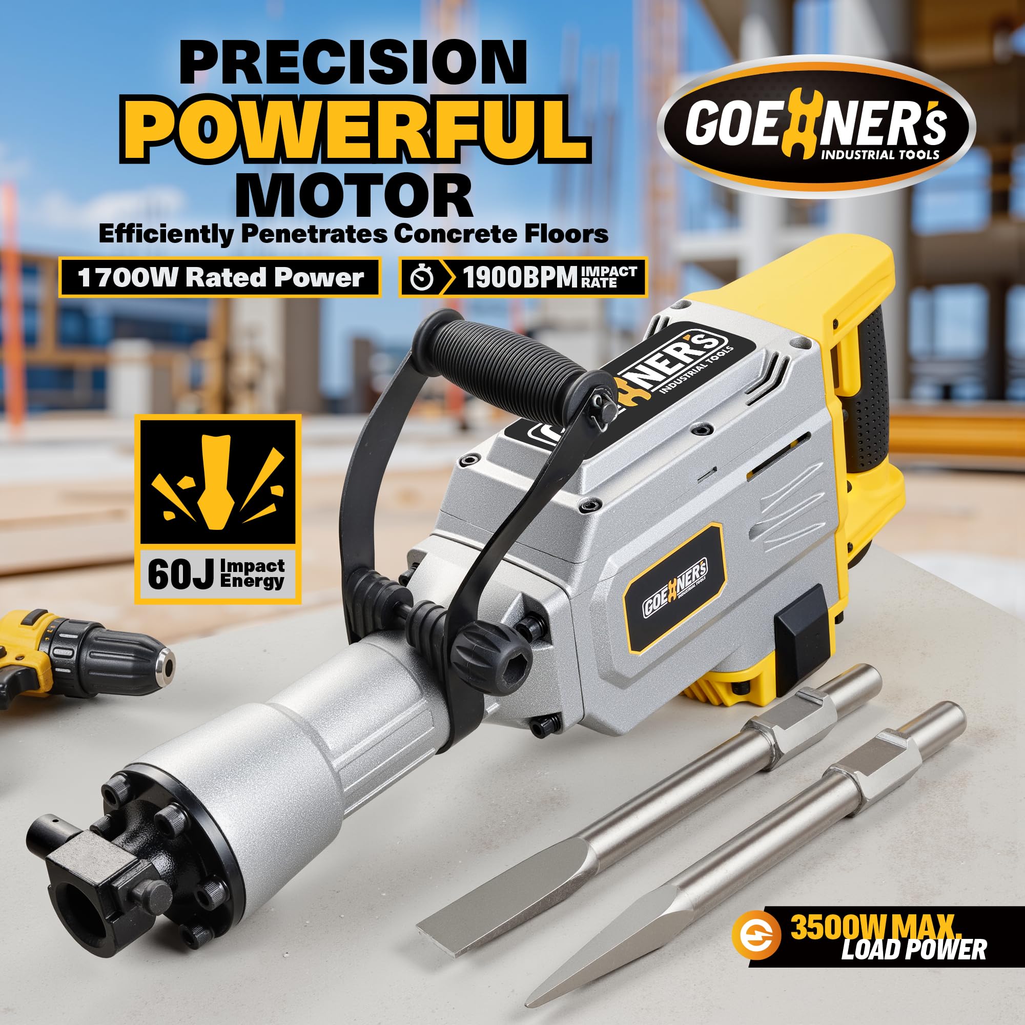 Quietex demolition hammer 360° rotating-handle enables precise control in tight spaces.