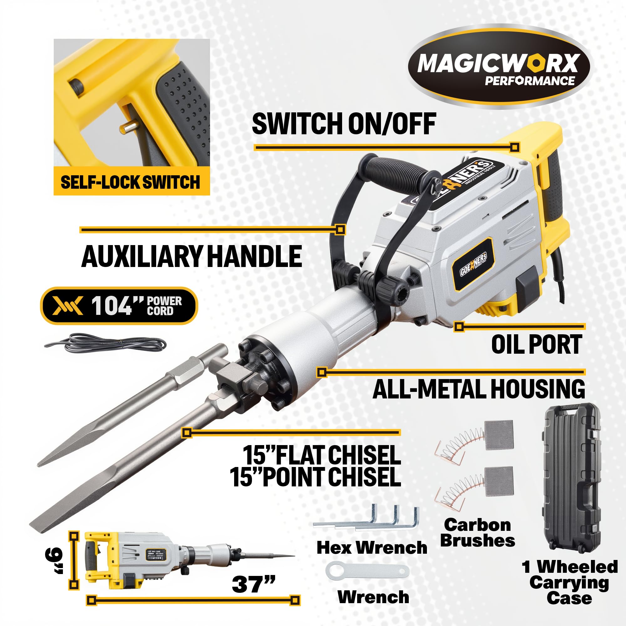 Quietex demolition hammer safety lock-on enhances hands-free operation.