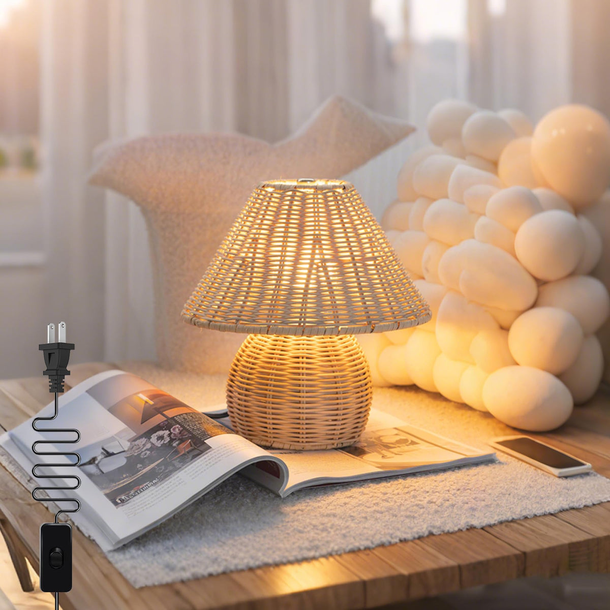 Quipzora mini boho lamp with woven rattan base creates cozy ambiance