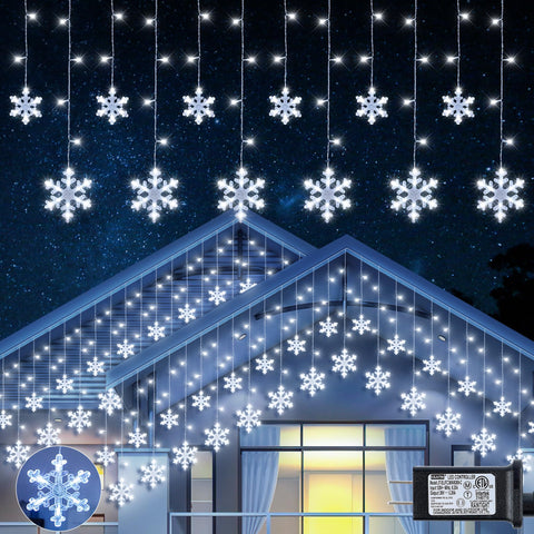 Qunlight snowflake icicle lights assembly enhances festive outdoor decor for eaves.