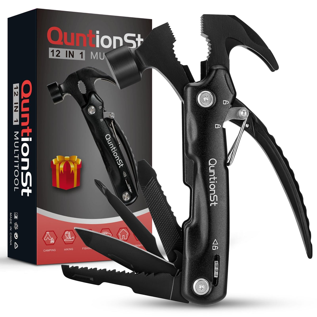 QuntionSt 12-in-1 hammer multitool with hammer and nail puller for outdoor tasks