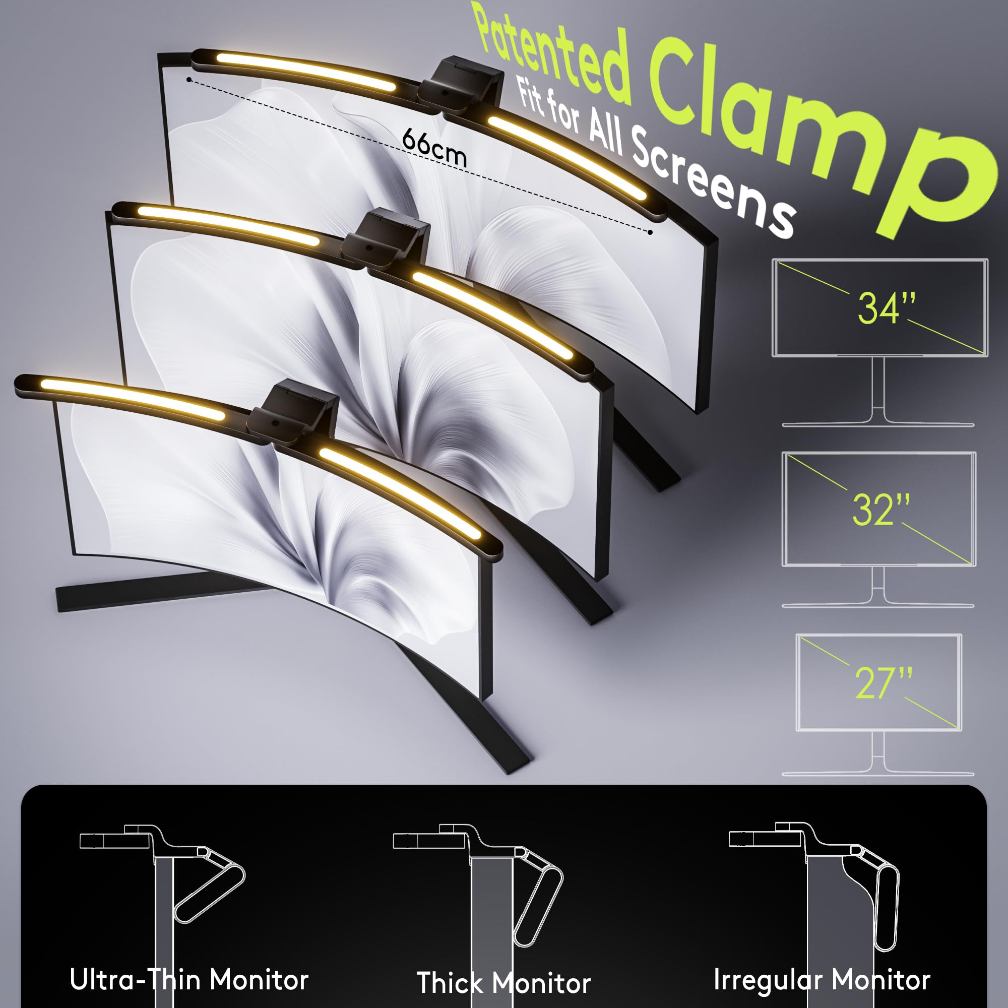 Extended dual arc light bars covering wide desk area for curved monitor setup