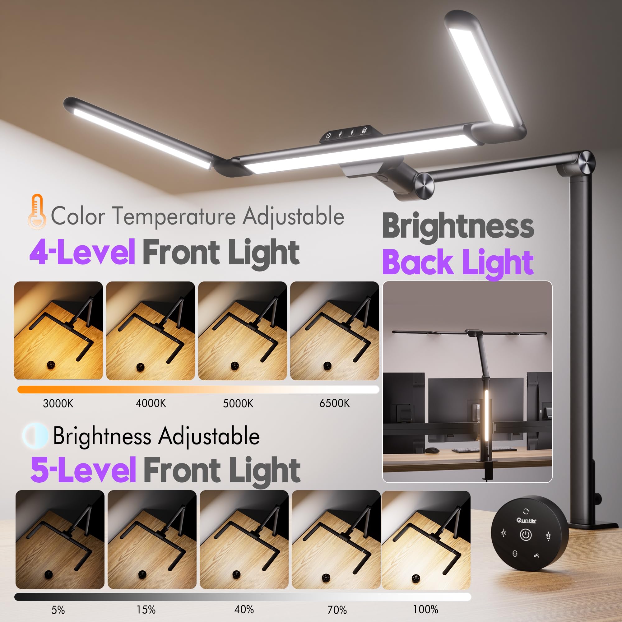Quntis desk remote control lets you adjust brightness and color temperature quickly.