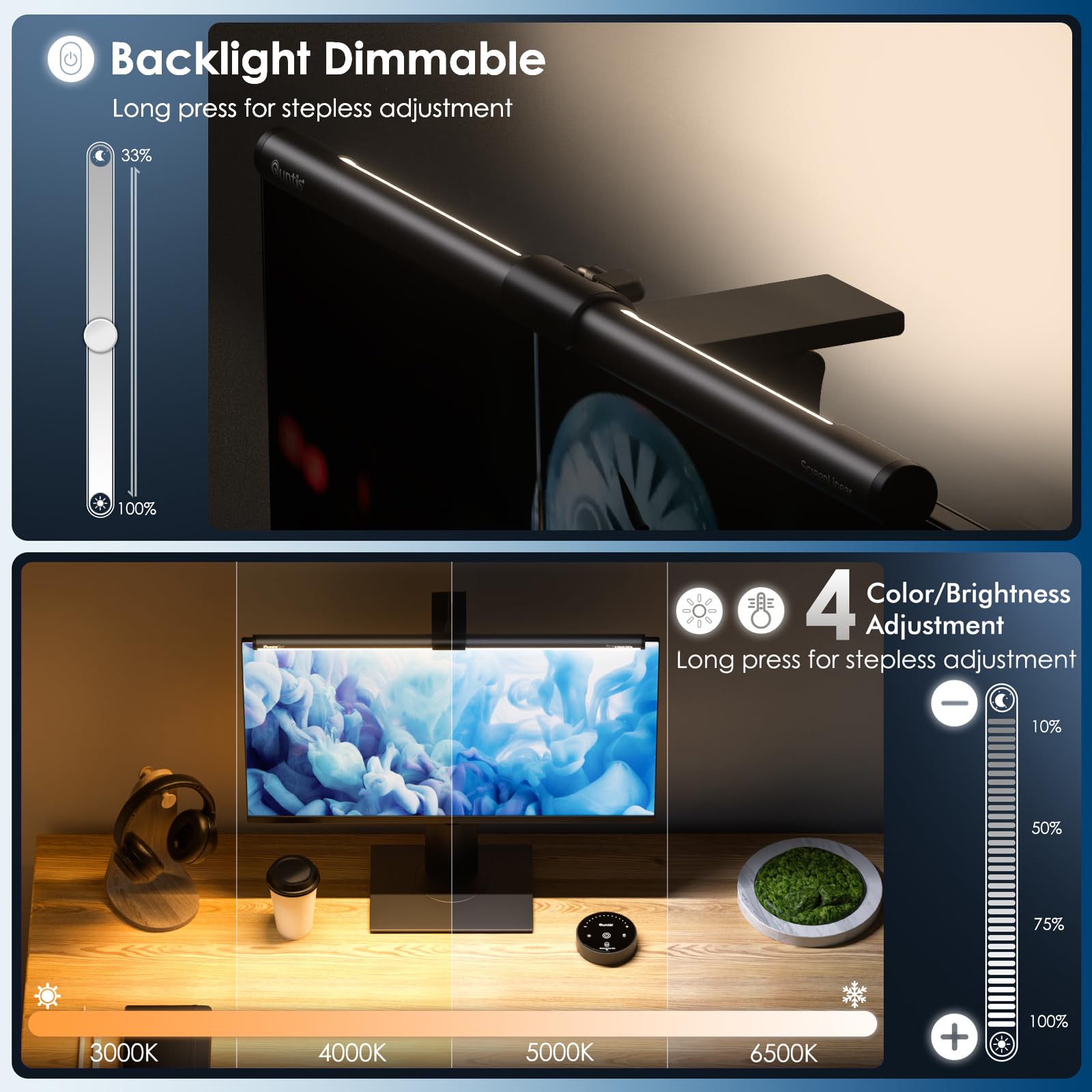 Quntis front-back lighting mode providing balanced screen illumination