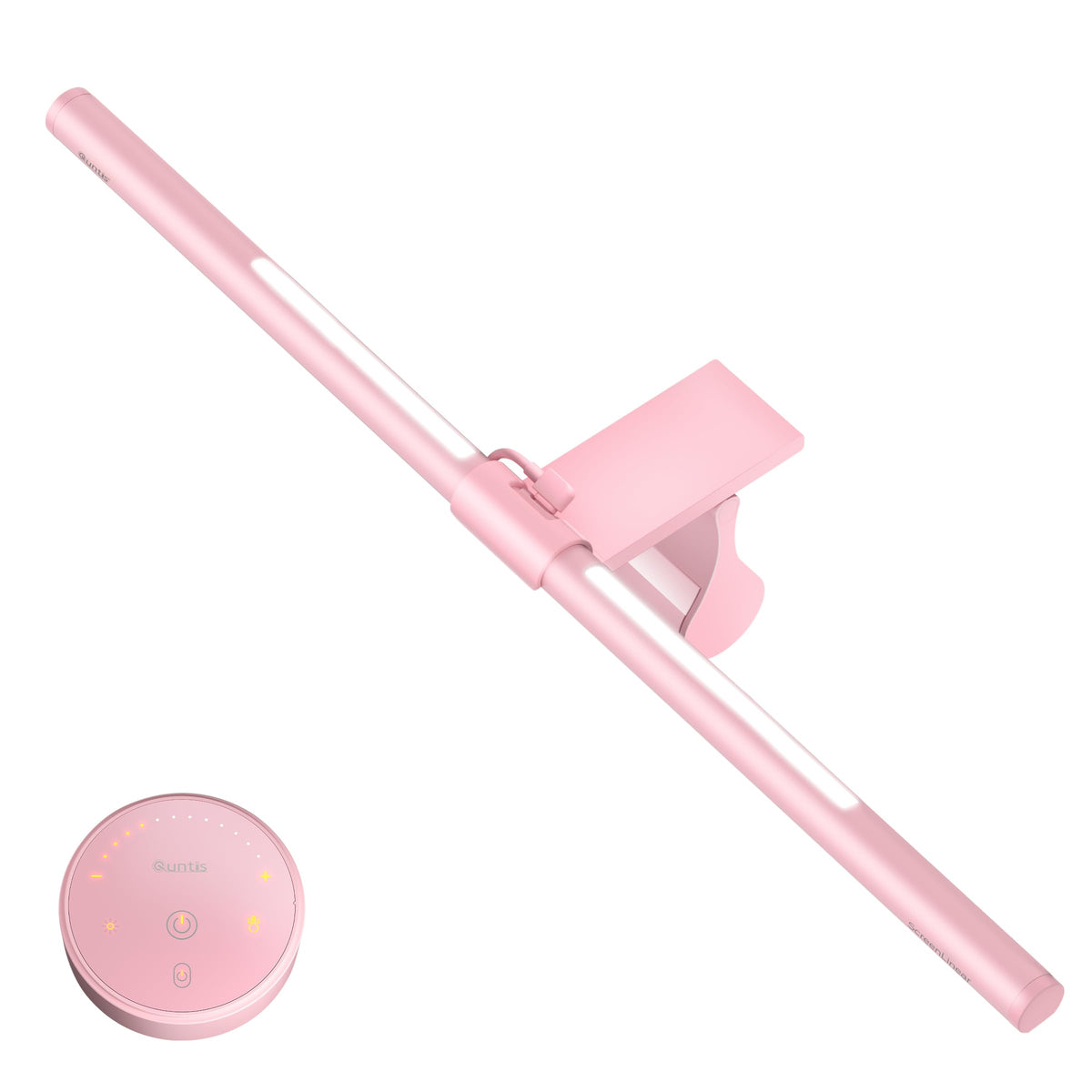 Quntis pink monitor light bar with front and backlight for glare-free viewing.