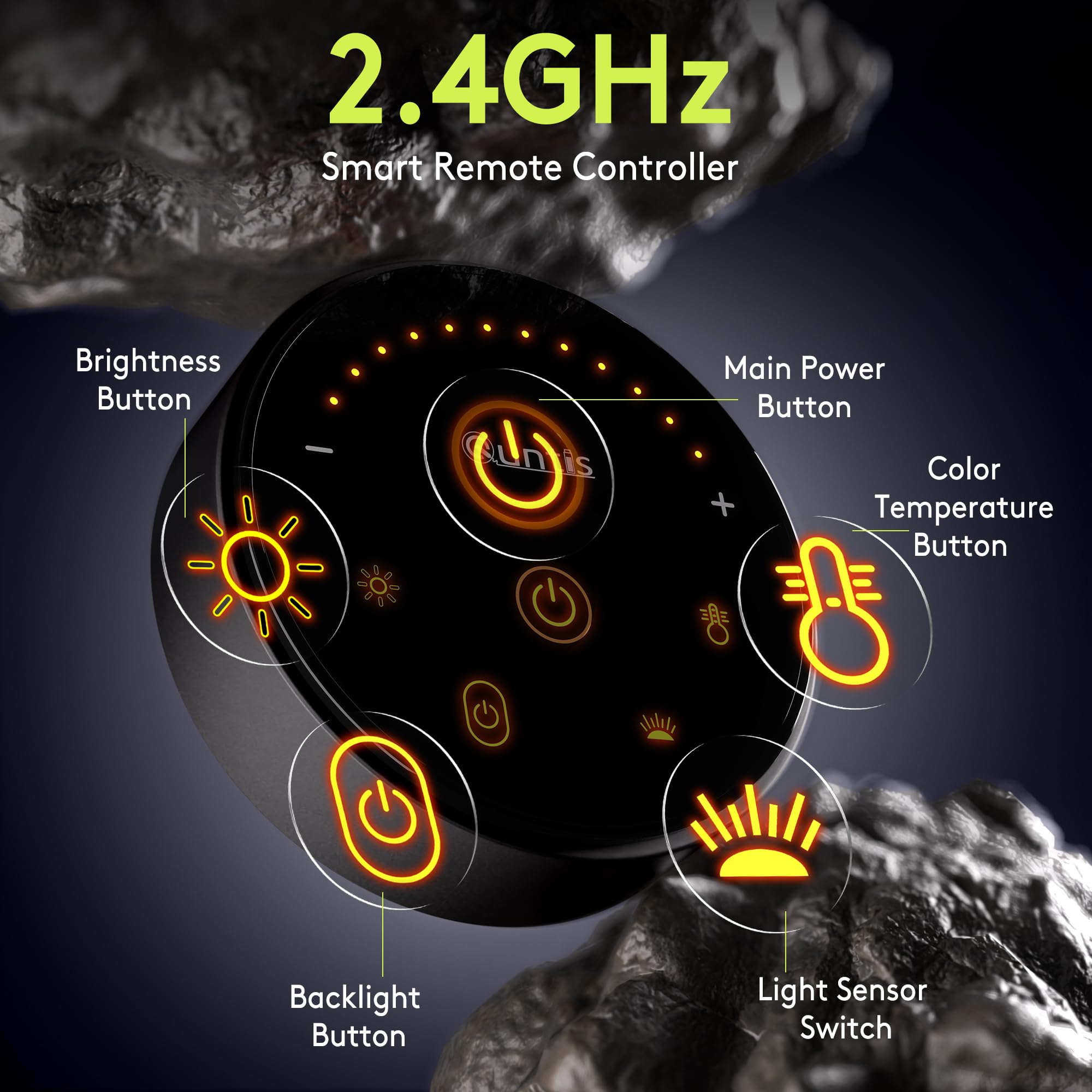 Smart remote with soft glow buttons on the desk