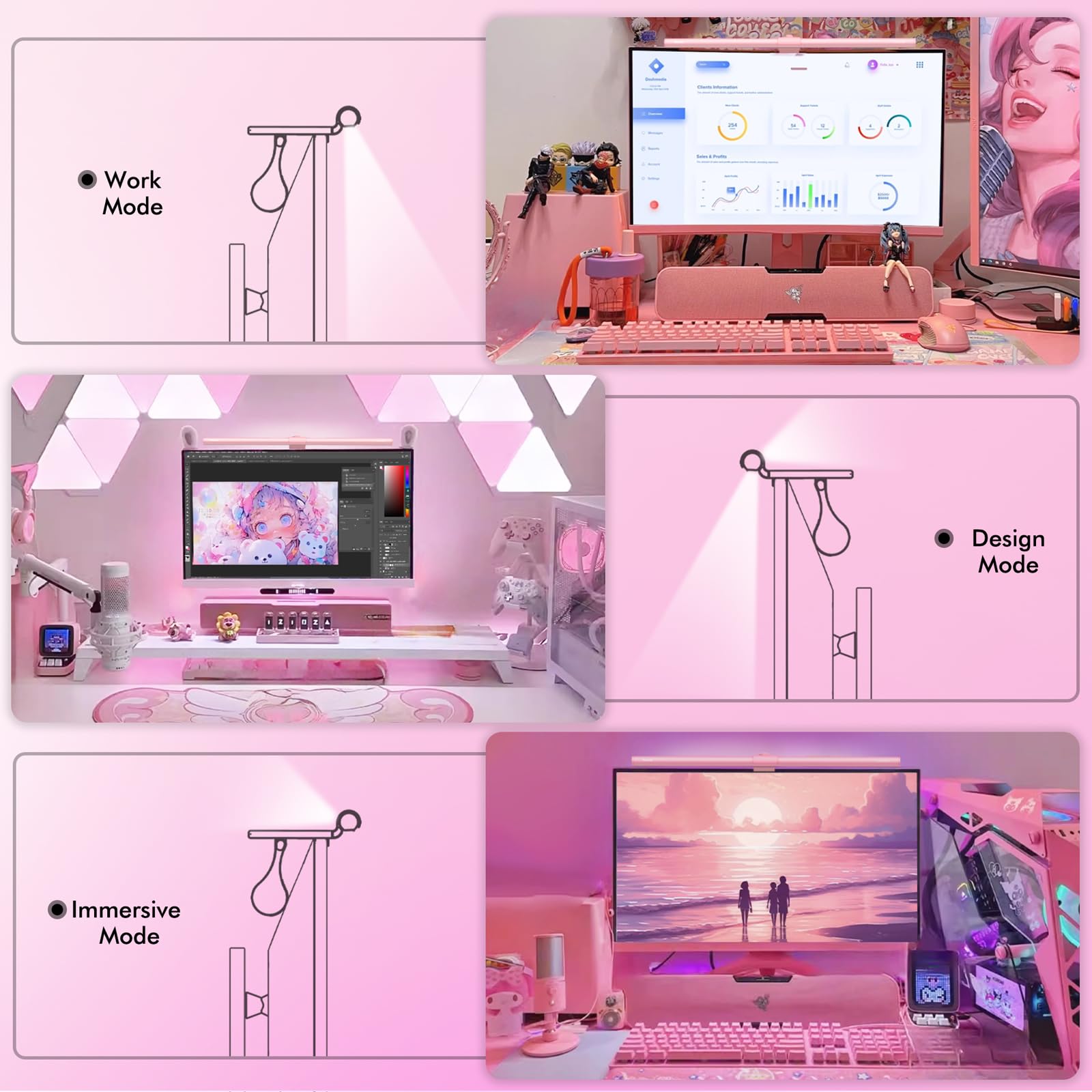 Quntis screenlinear pink clip-mount light for space-saving desk illumination.