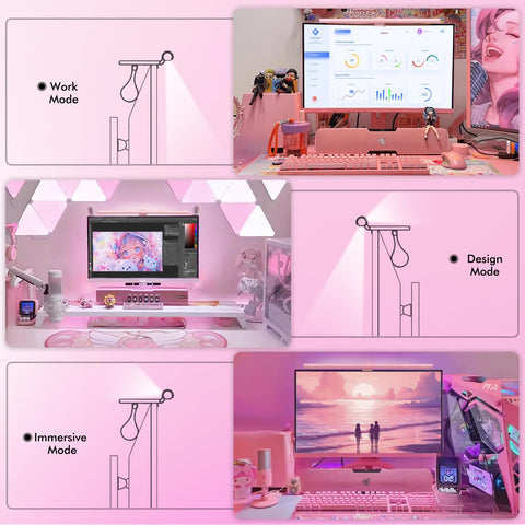 Quntis screenlinear pink clip-mount light for space-saving desk illumination.
