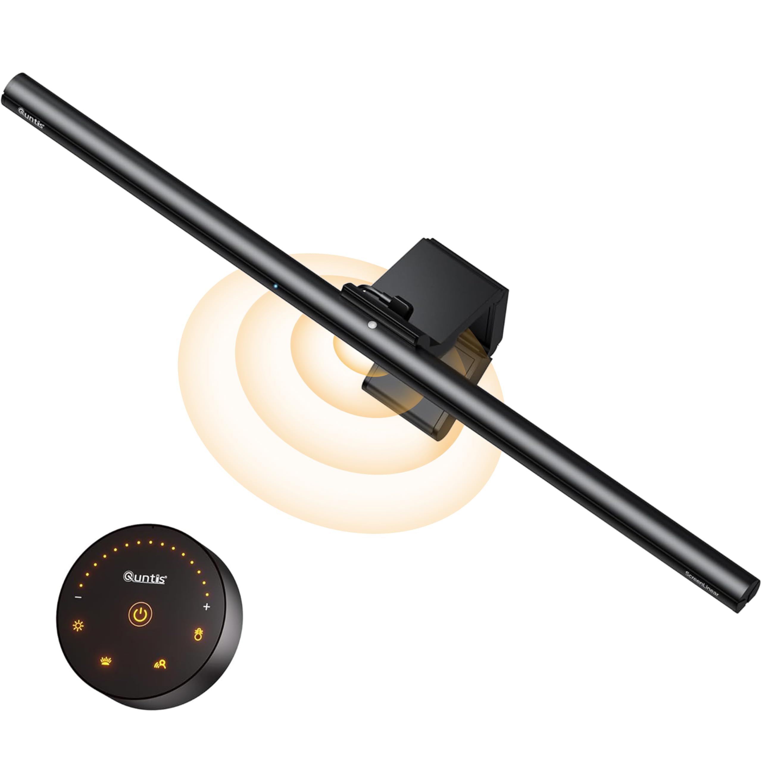Quntis ScreenLinear radar monitor light bar delivers bright center illumination for focused desk work.