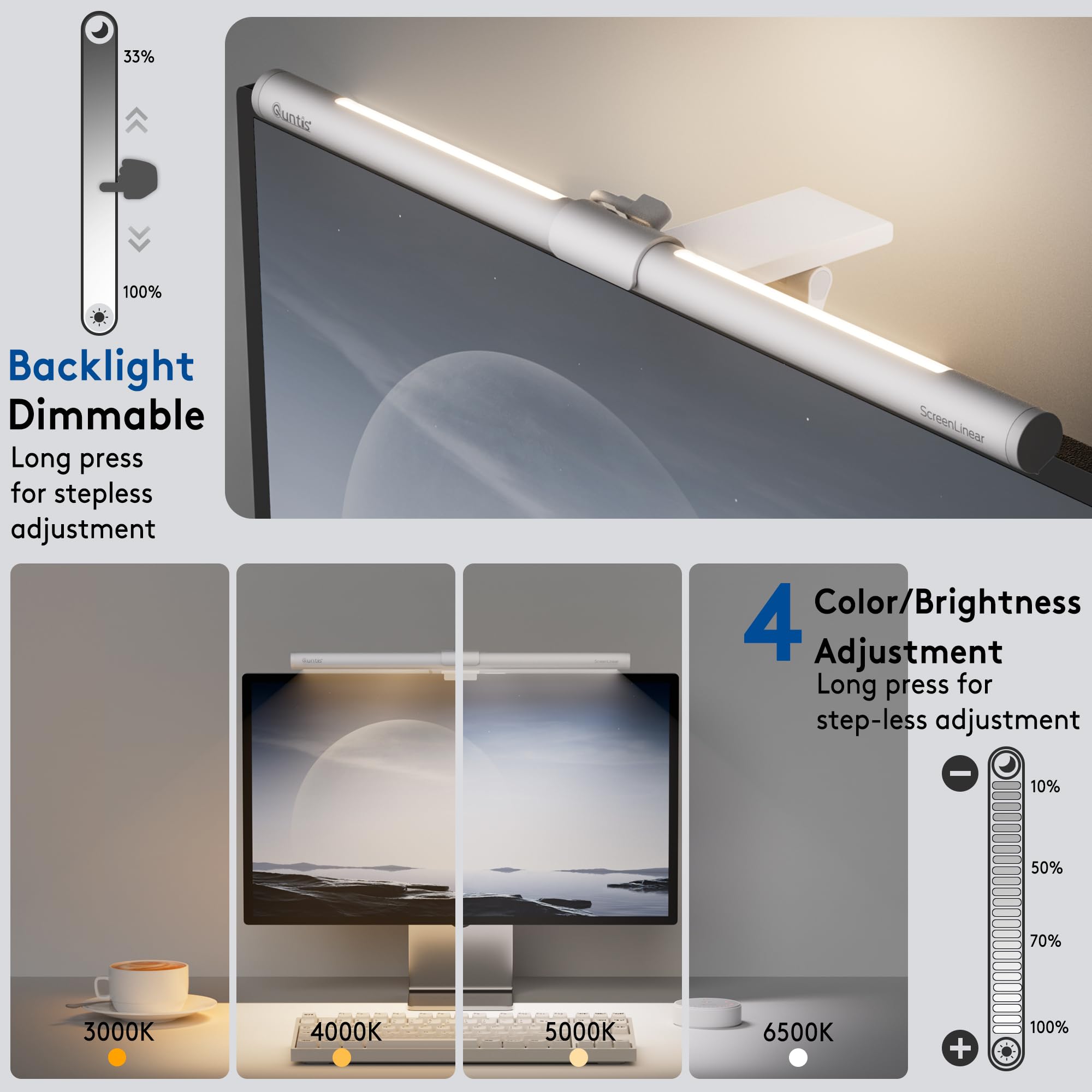 Quntis sliding clip mount securely attaches to most monitors and saves desk space.