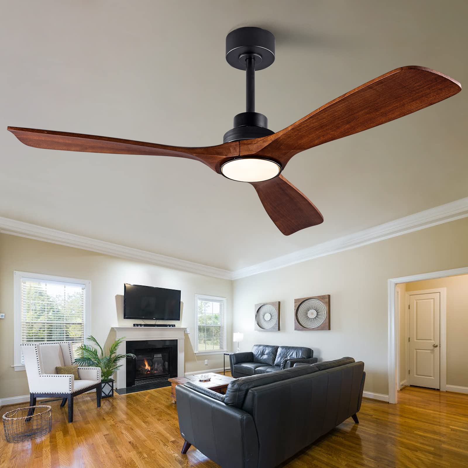 QUTWOB 52-inch wood ceiling fan in dark walnut with remote for living spaces