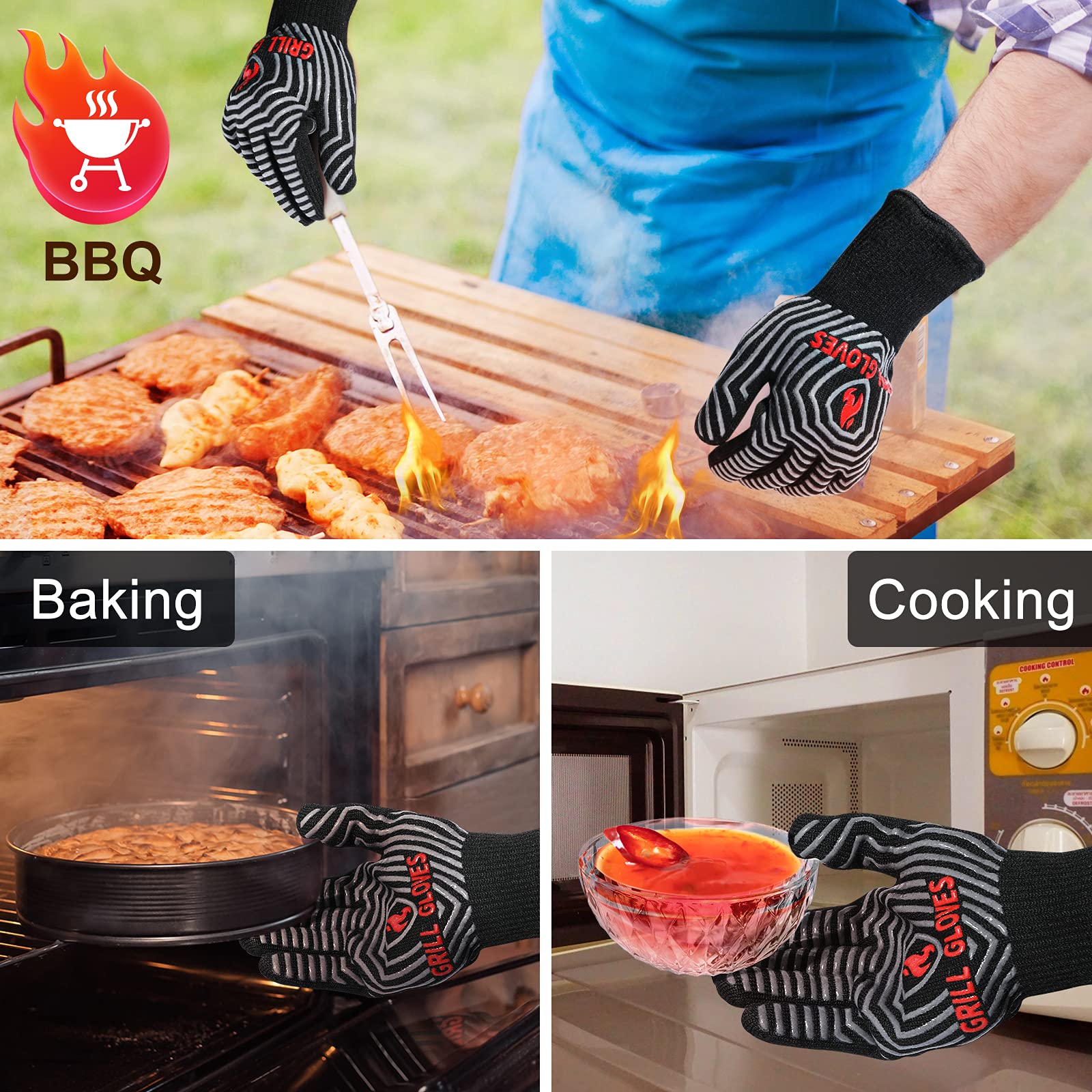 QUWIN BBQ Gloves demonstrating five-finger flexibility for utensils and grills.