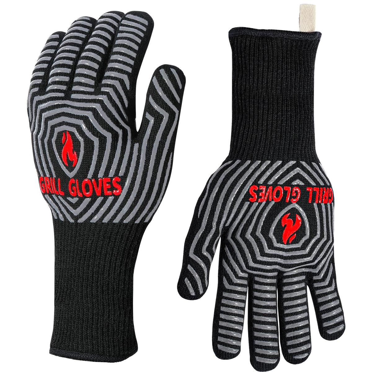 QUWIN BBQ Gloves showing heat resistance up to 1472°F for grilling and baking.