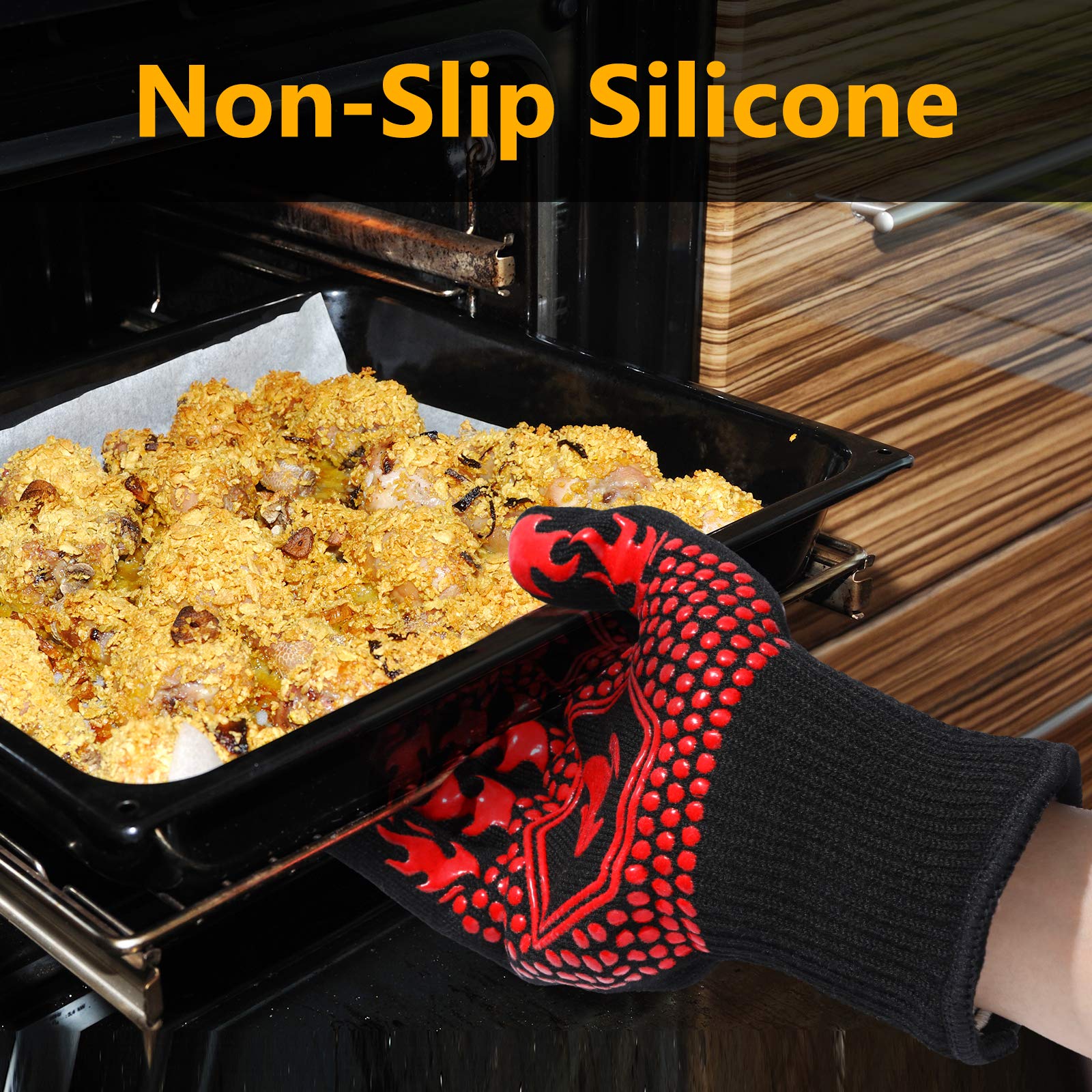 QUWIN red BBQ gloves worn to handle hot oven tray safely