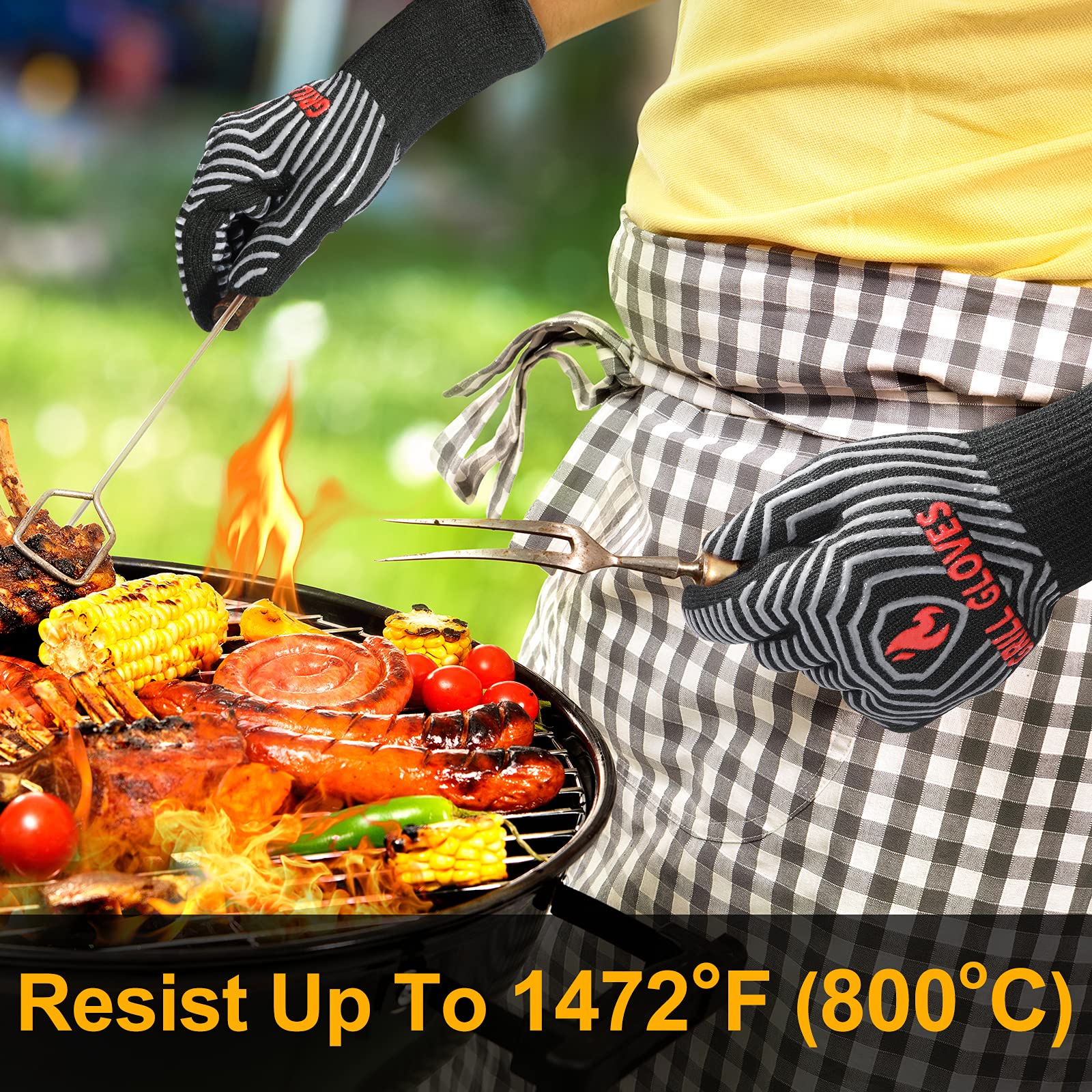 QUWIN BBQ Gloves with silicone-nonslip grip securing a hot tool.