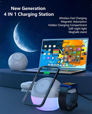 QUZUDN Moon Lamp showing iPhone, Apple Watch, and AirPods charging slots