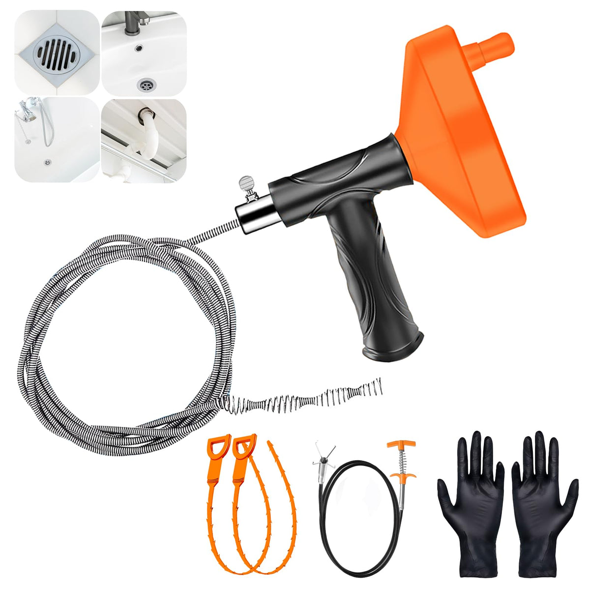 Qwatuy 33 ft drain snake coil inside the drum enables deep clog access.