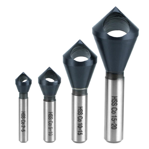 QWORK cobalt countersink 4pc set for precise chamfers in metalworking and woodworking.