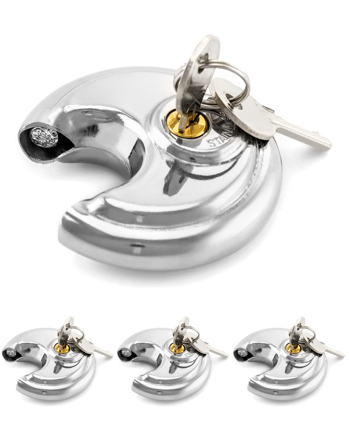 QWORK keyed-alike disc padlock pack with four locks and keys for easy access.
