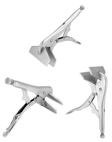 QWORK locking pliers pair with adjustable screw jaws gripping metal without bending.