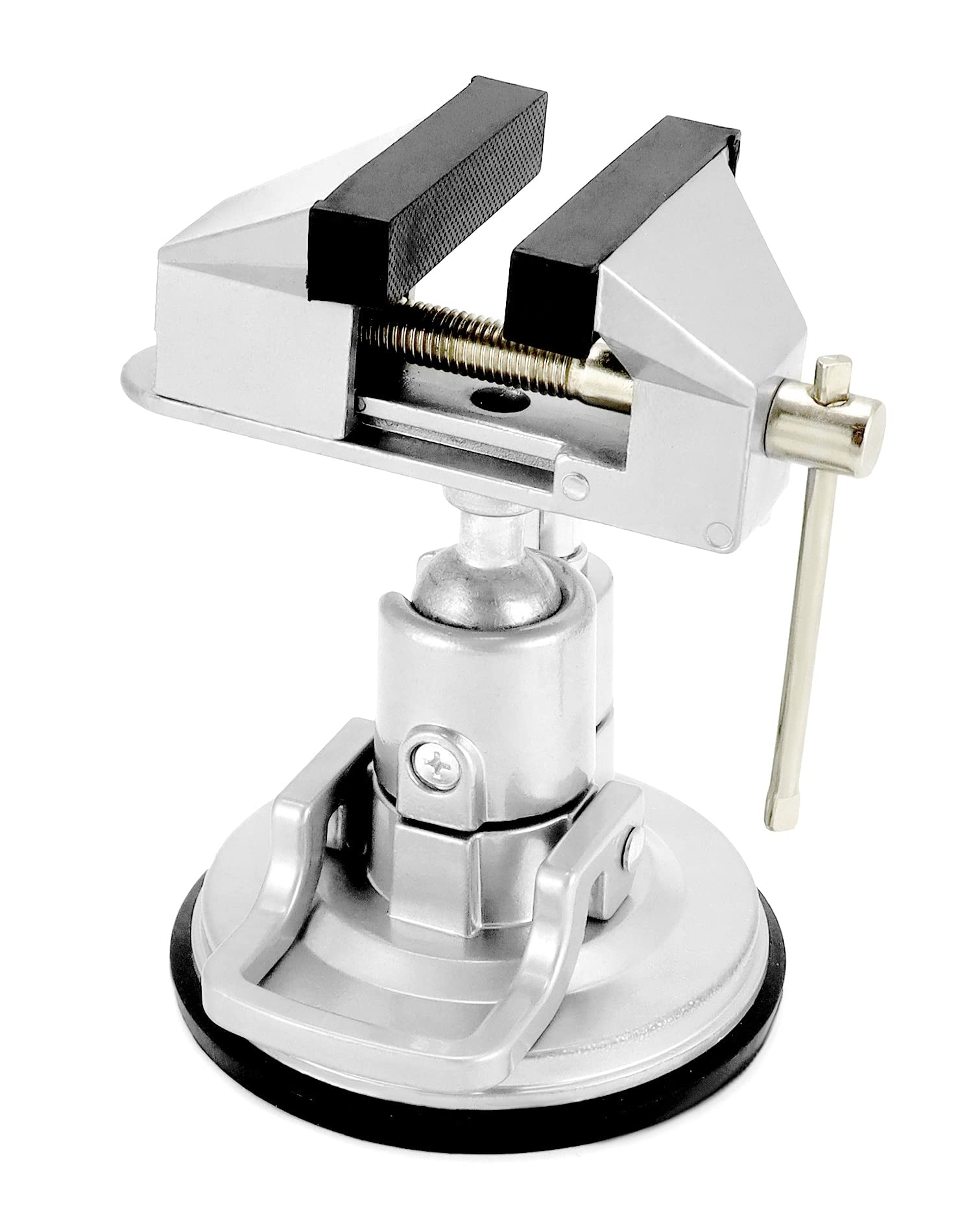 QWORK portable vacuum base vise with 360-degree rotation for flexible clamping on any smooth surface.