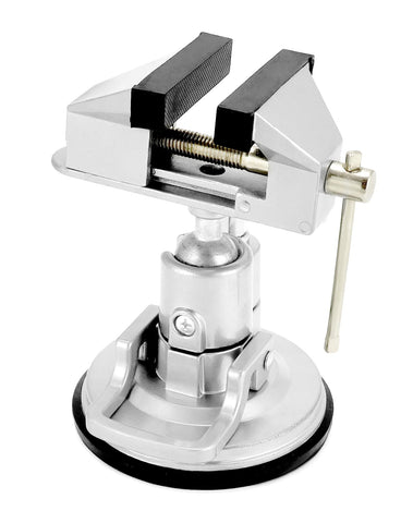 QWORK portable vacuum base vise with 360-degree rotation for flexible clamping on any smooth surface.