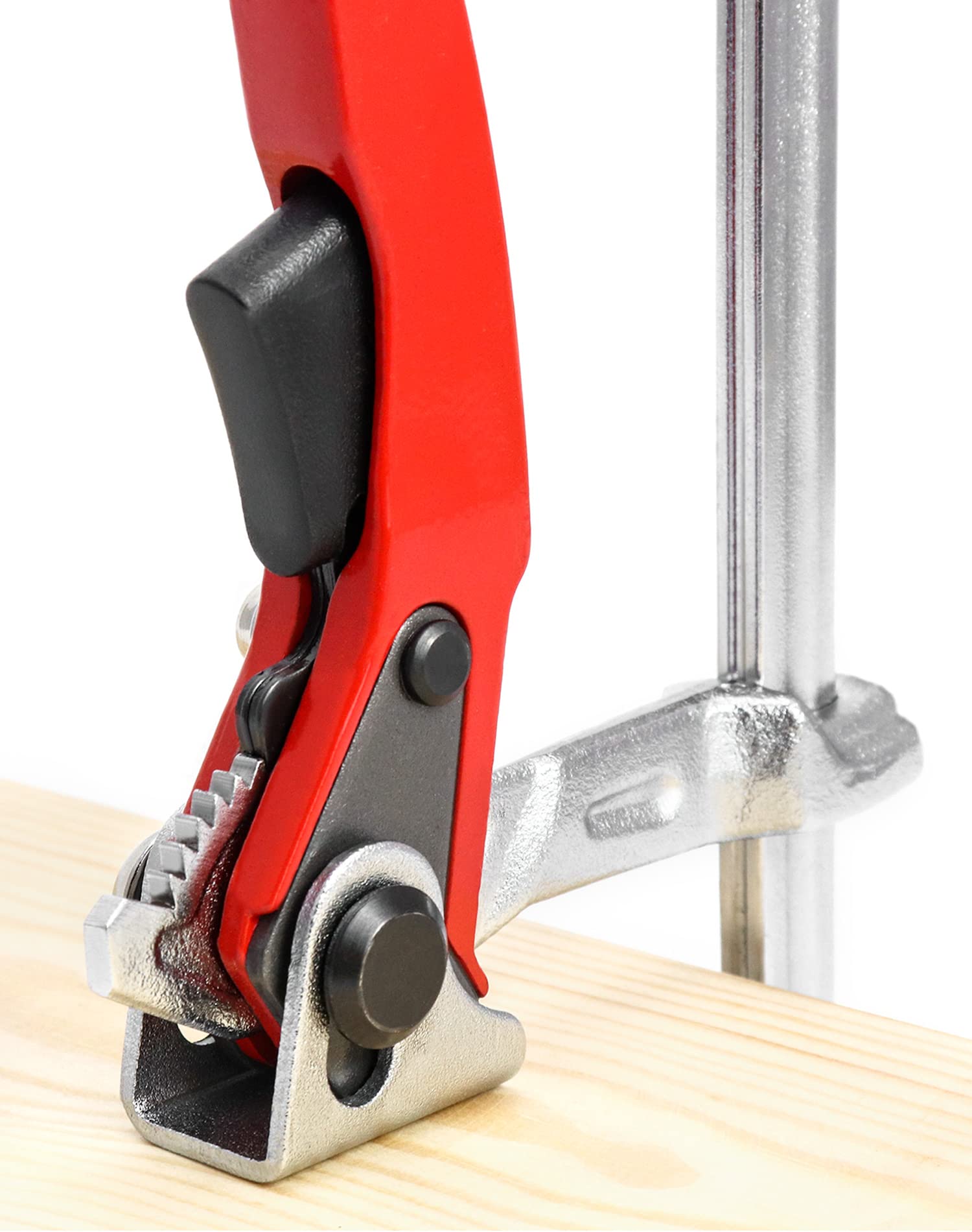 Ratcheting clamp throat depth of 2-5/16 inches supports thick stock