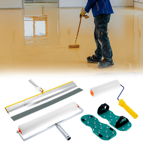 QWORK kit includes rollers, scraper, rake and shoes for leveling tasks.
