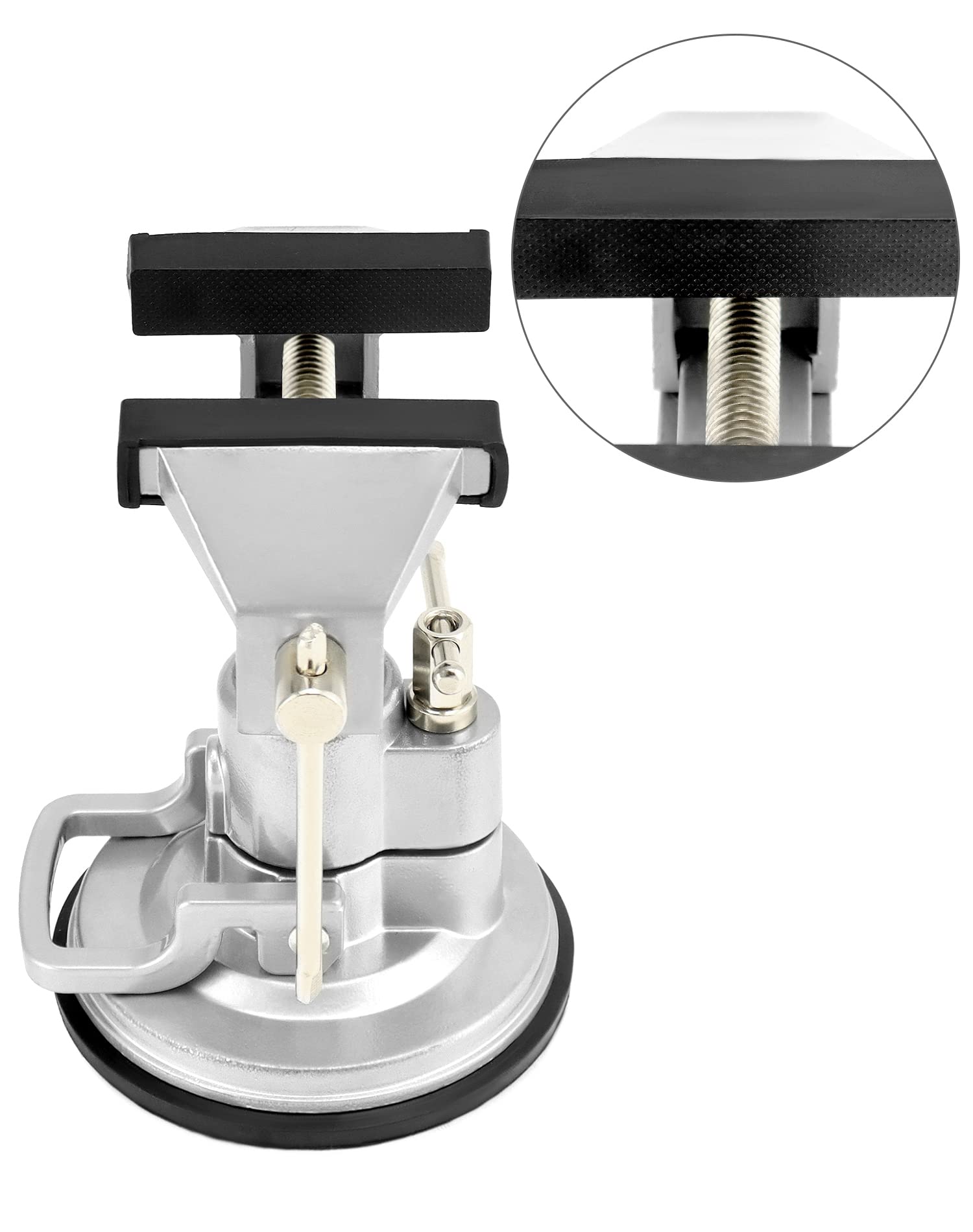 QWORK vacuum base vise jaw opening shown for understanding grip capacity.