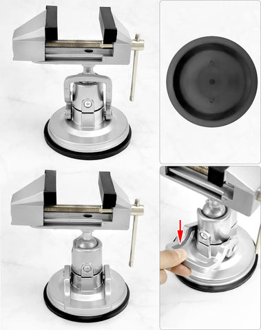 QWORK vacuum base vise with rubber jaw cover protecting delicate items during clamping.