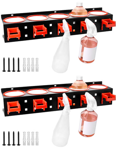 QWORK wall-mounted spray bottle holder with five holes keeps bottles organized and accessible