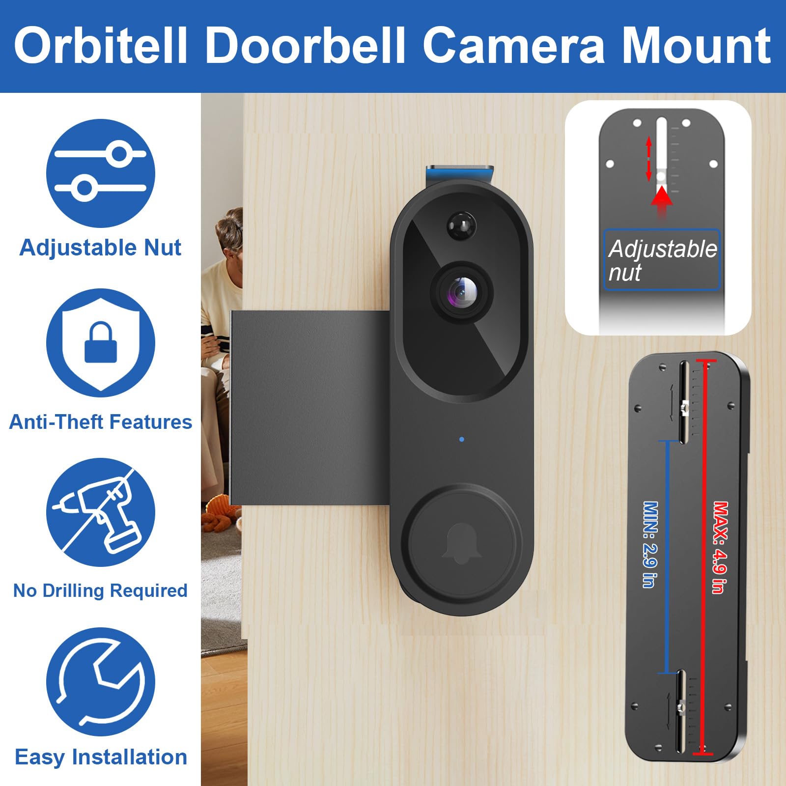 Qwwia doorbell mount with safety screws enhances theft deterrence and quick re-mounting.