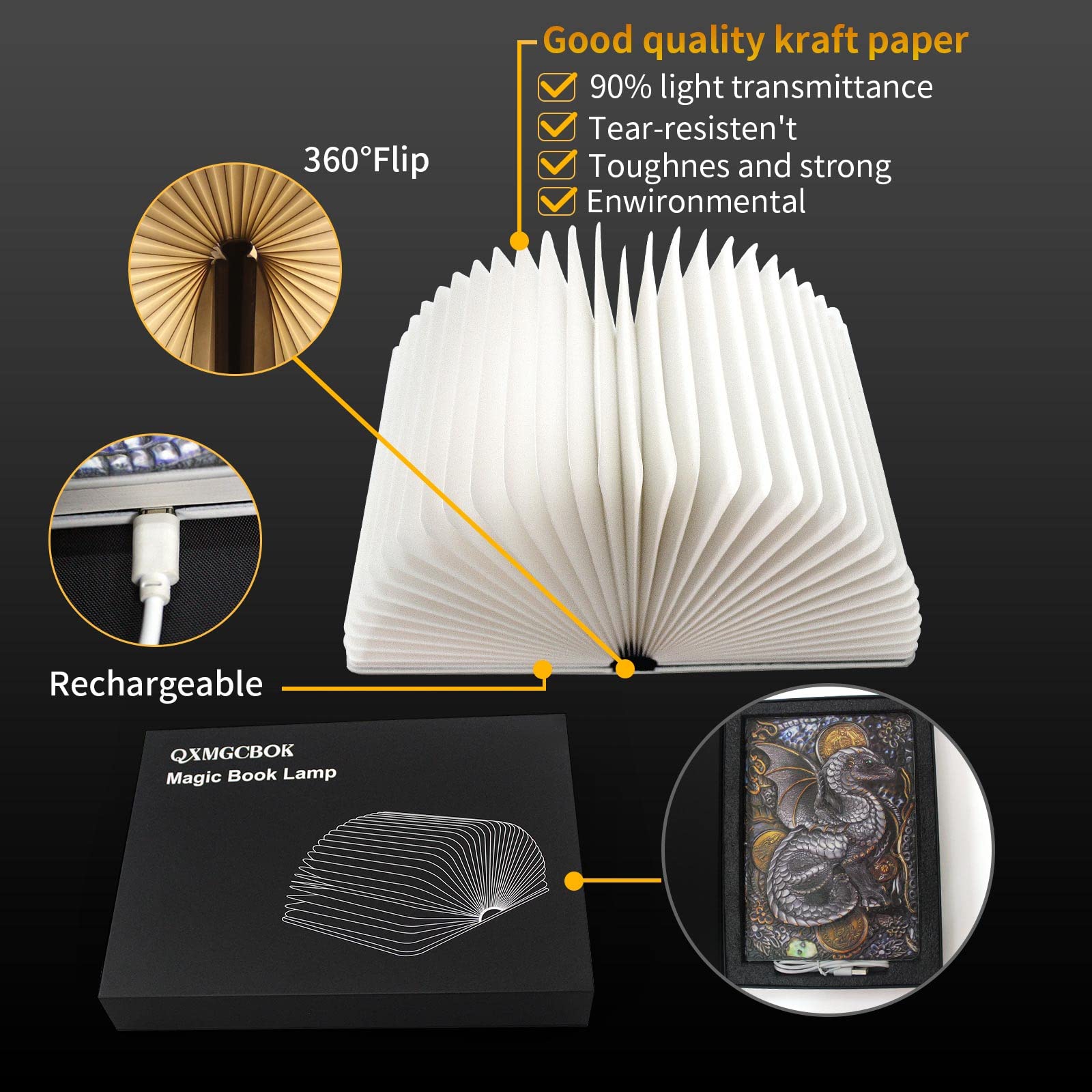 QXMGCBOK folding book lamp white glow cozy bedside light option