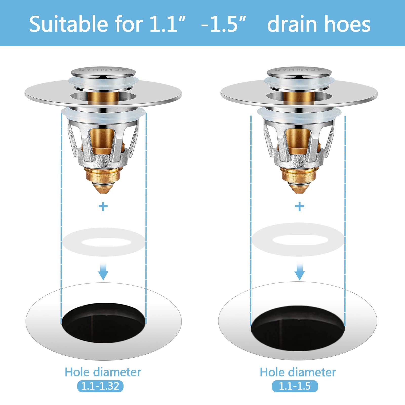 QYHNYJF 2-in-1 stopper and strainer close-up highlights built-in hair basket.