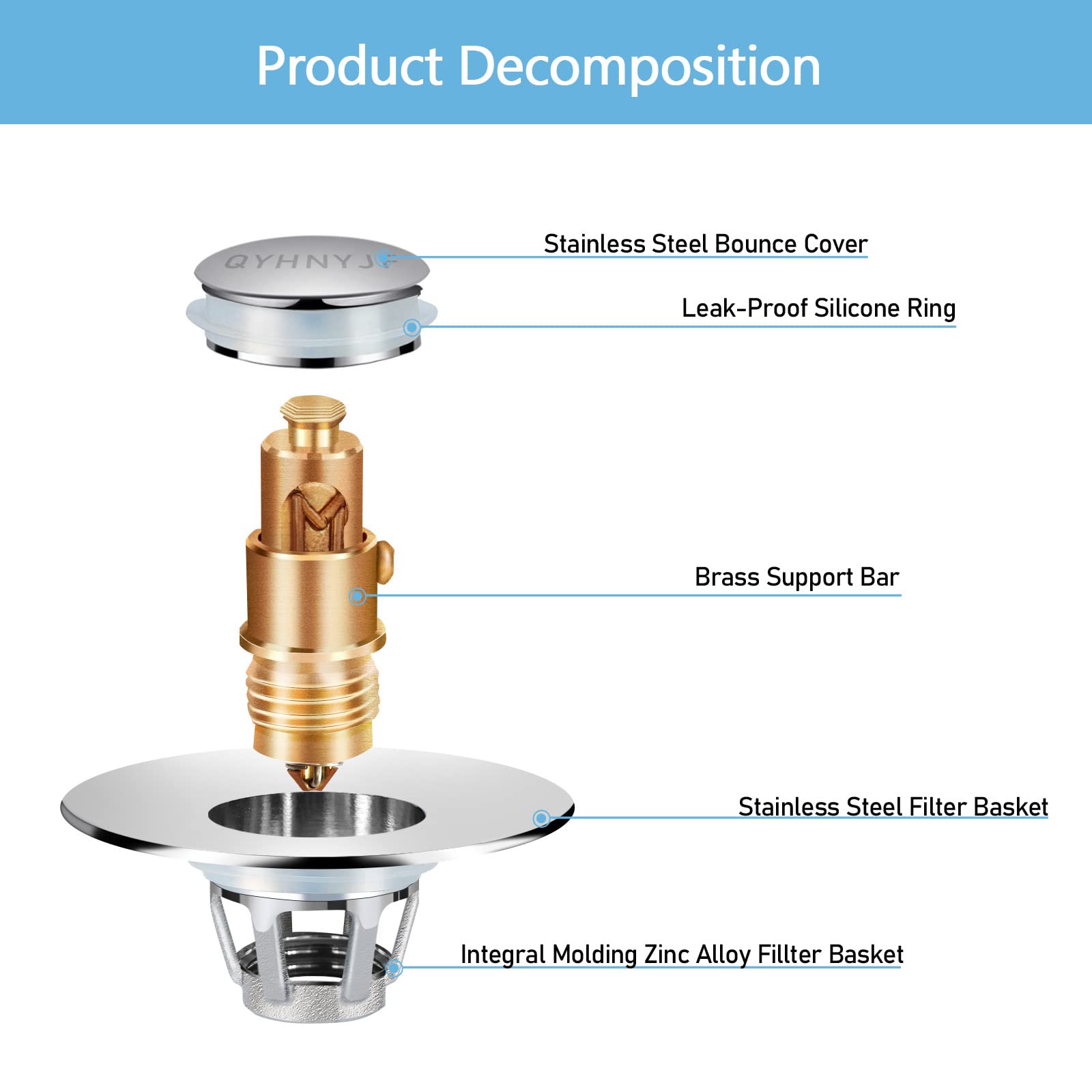 QYHNYJF stainless steel and brass body shown for long-lasting durability.