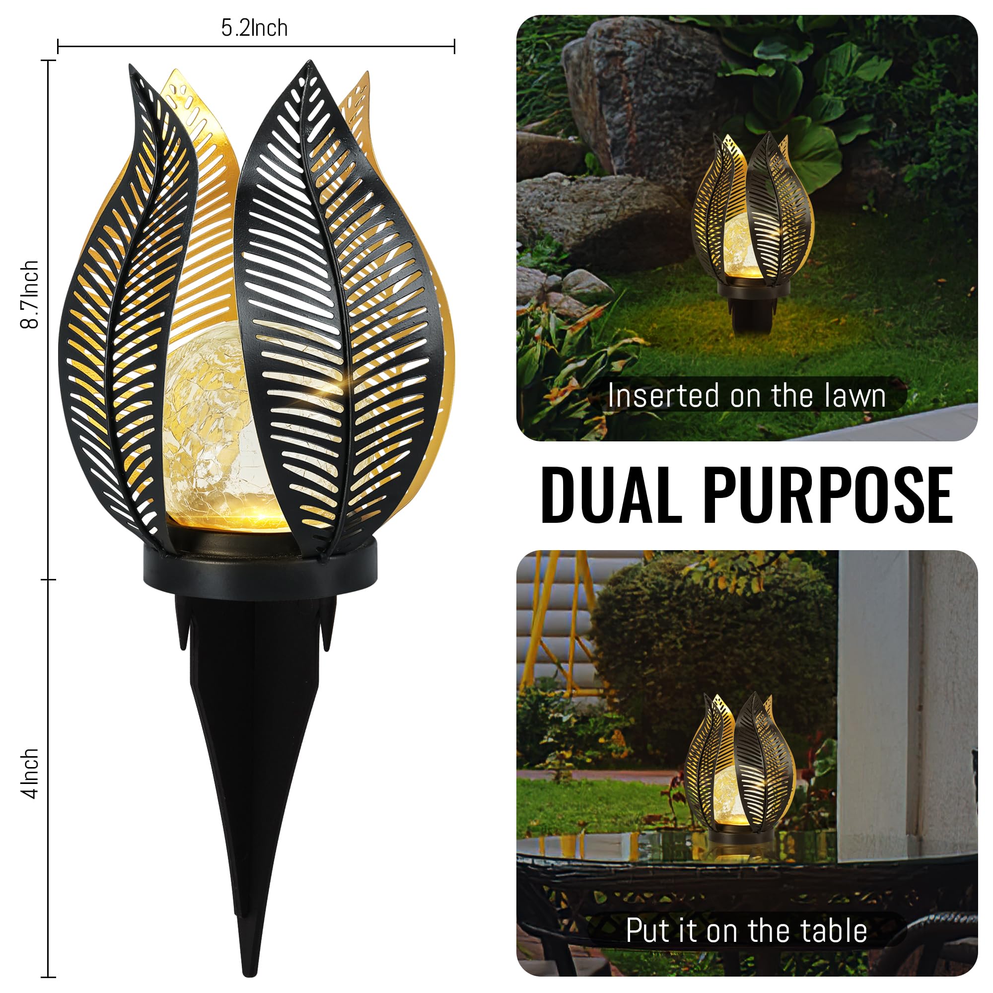 QZGE palm leaf design solar lantern enhances patio or yard decor.