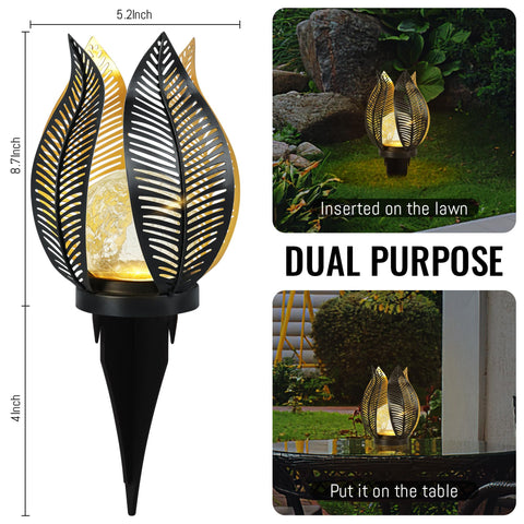 QZGE palm leaf design solar lantern enhances patio or yard decor.